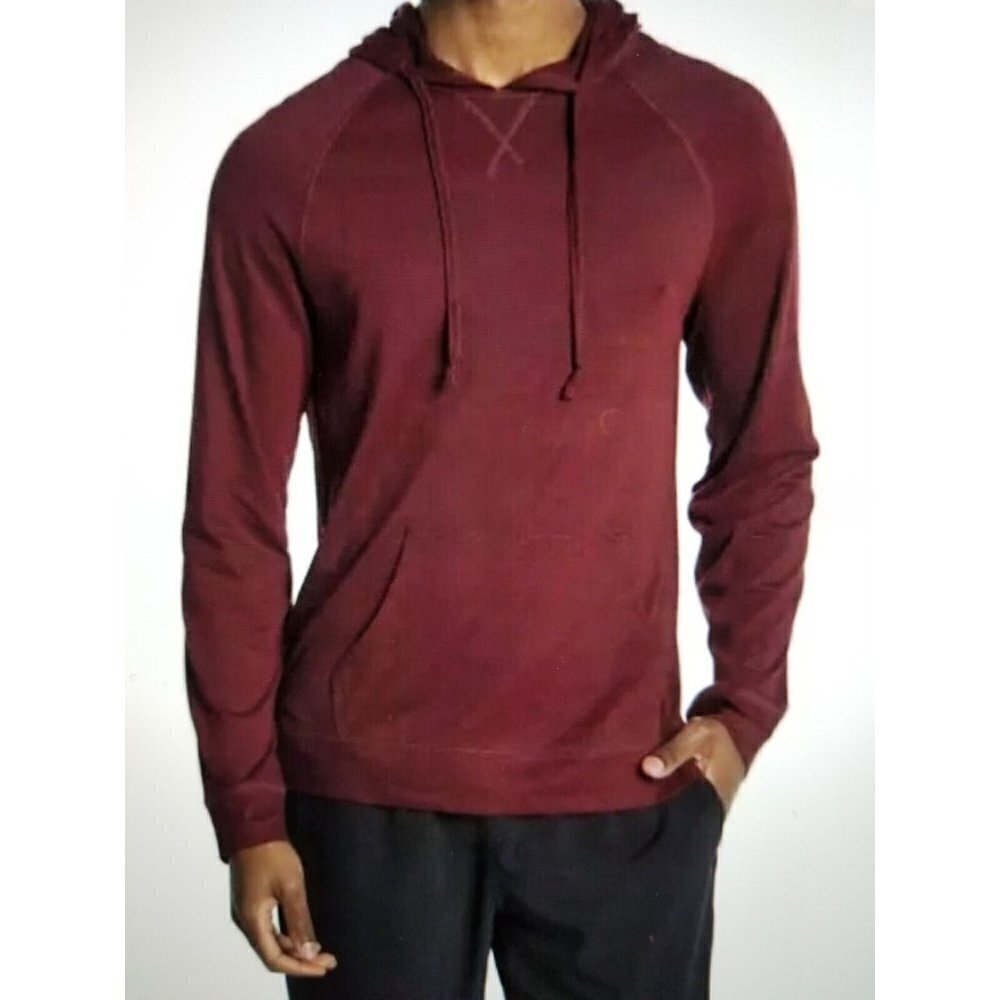 Public Opinion Mens Hooded Long Sleeve Shirt Burgundy/Black Fine-line Size M